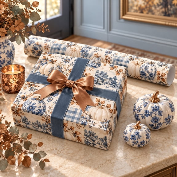 30-Inch Wide Wrapping Paper, Blue Porcelain Pumpkin Watercolor Patchwork for Fall Gifts and Thanksgiving