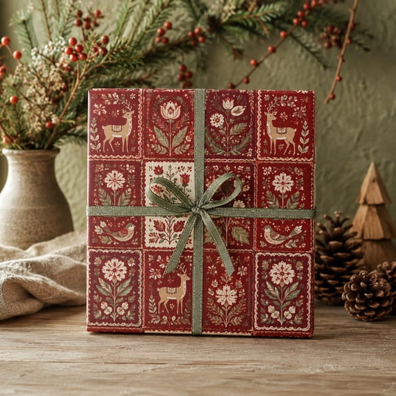 30-Inch Wide Wrapping Paper, Folk Floral Christmas Deer and Birds for Holiday Gifts
