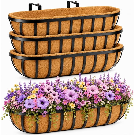 30 Inch 4 PCS Window Box Deck Railing Planter with Coco Liners, Hanging Flower Planters Black Metal Baskets for Indoor Outdoor, Balcony, Porch, Fence, Lawn and Patio