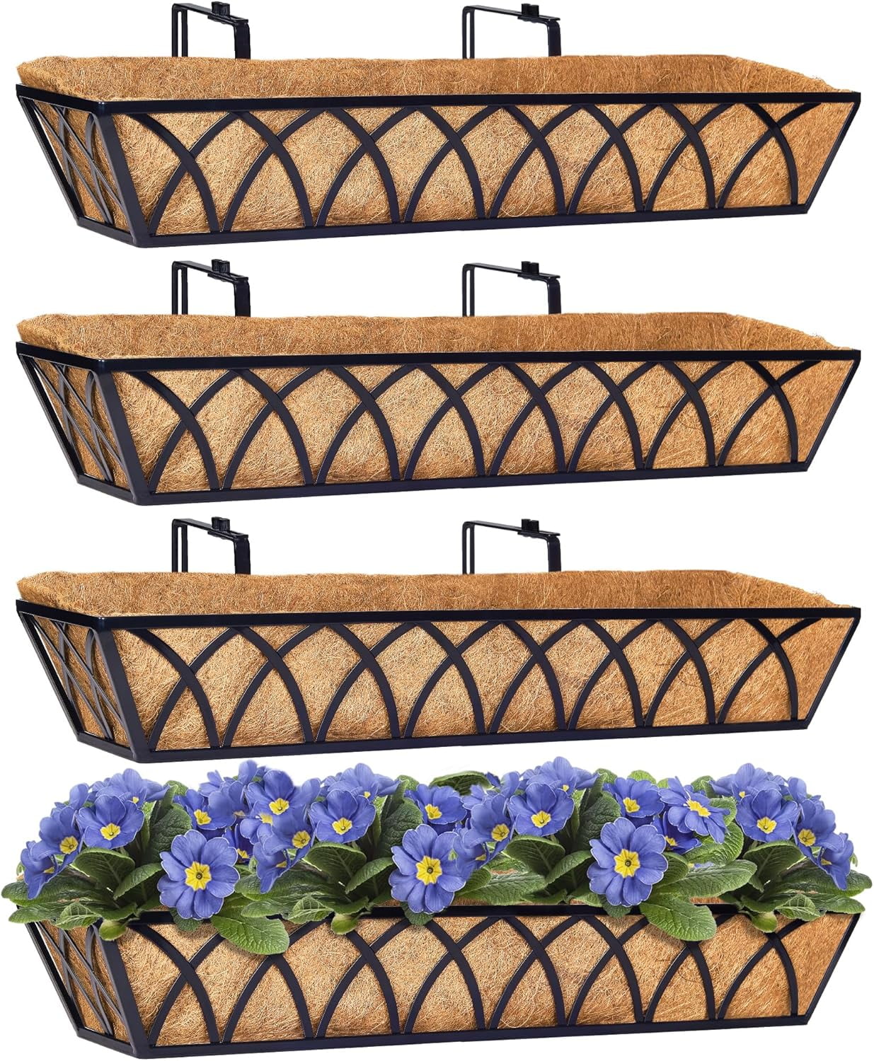 Window Deck Box 30 Inch Window Deck with Coco Liner, Fence Metal Hanging Flower Planter ...