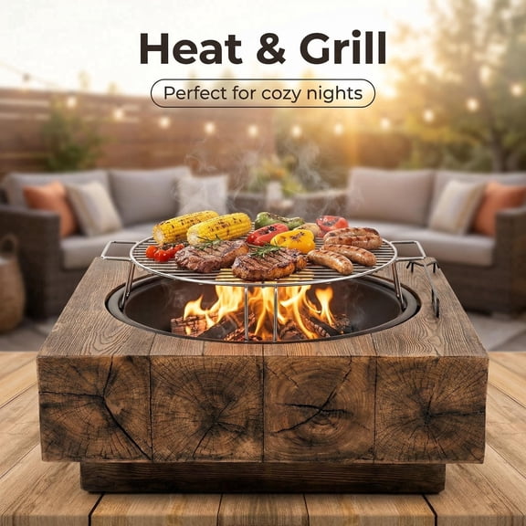 30 Inch Wood-Look Magnesia Fire Pit Table, Safe Outdoor Heater with Grill & Spark Screen, Easy to Use Patio Backyard Fireplace