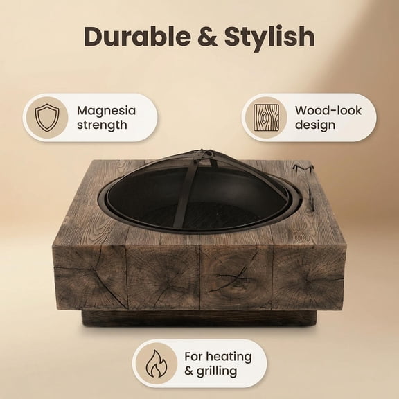 30 Inch Wood-Look Magnesia Fire Pit Table, Safe Outdoor Wood Burning Patio Fireplace with Grill & Spark Screen, Easy to Use Backyard Heater, Firepits Clearance