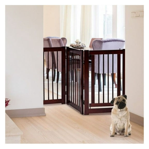 30 Inch Wood Pet Gate - Configurable 4 Panel Folding Fence for Dogs & Small Pets, Cherry Finish, Pine Wood, Lightweight & Portable, Ideal for Doorways, Hallways & Stairs