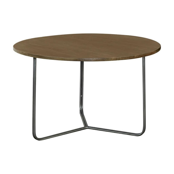 Benjara 30 Inch Wood Round Accent Coffee Table with Triangular Base, Brown, Black