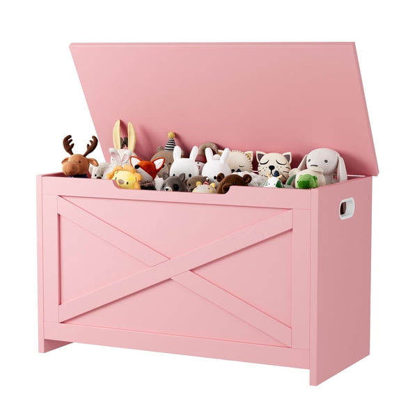 30 Inch Wood Storage Bench with Safety Hinges, Multifunctional Entryway Chest for Shoes, Toys, and Living Room Bedroom Storage, Pink