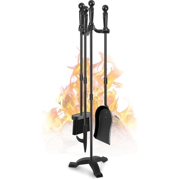 30 Inch Wrought Iron 4-Piece Fireplace Tools Set, Rustic Style with Stand, Indoor Outdoor Fire Pit Accessory Kit(black)