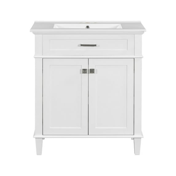 30 Inches Bathroom Vanity with Ceramic Sink, Bathroom Sink Cabinet with Soft Close Door and Adjustable Shelves, Bathroom Cabinet with Wooden Frame for Bathroom , White