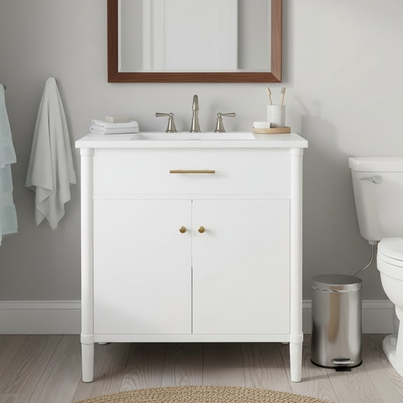 30 Inches Bathroom Vanity with Sink, Bathroom Cabinet with Soft Close Doors and Adjustable Shelf, Curved Profile Design, Rubber Wood Legs, White