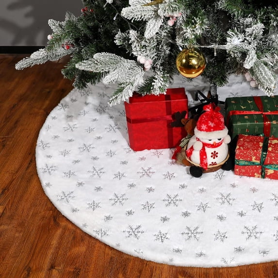 30 Inches Christmas Tree Skirt - White Faur Fur Xmas Tree Skirts for Christmas Tree Holiday Party Decorations with Sequin Silver Snowflakes