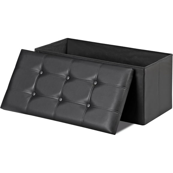 30 Inches Folding Ottoman Storage Bench, Foot Rest Stool with Wooden Divider&Large Storage Space, Leather Footstool Bench, Padded Seat for Bedroom, Living Room (Black, 15" D x 30" W x 15" H)
