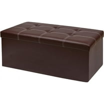 30 Inches Folding Storage Ottoman Bench, Faux Leather Footrest Ottoman, Storage Trunk Footrest for Bedroom, Living Room and Hallway, Support 350lbs, Brown White line