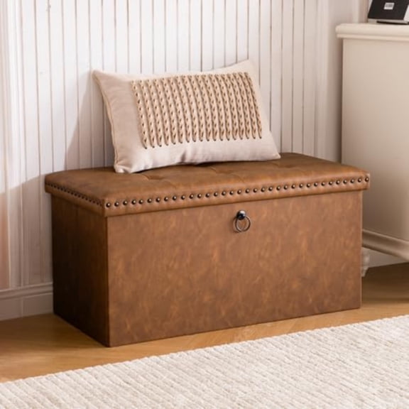 30 Inches Folding Storage Ottoman Bench Ottoman PU Leather Tuffed End of Bed Bench Foot Rest with Rivet Design Ottoman with Storage Load 330 lb for Living Room Bedroom Entryway Brown