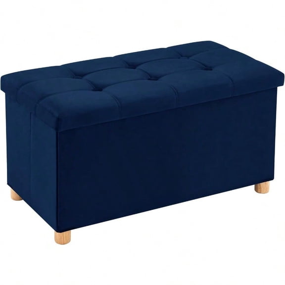 30 Inches Folding Storage Ottoman Bench Veet Storage Chest Footrest Couch with Wooden Legs port 350lbs for Bedroom Living Room Hallway Navy Blue