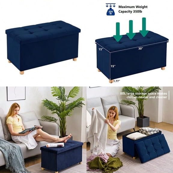 30 Inches Folding Storage Ottoman Bench Veet Storage Chest Footrest Couch with Wooden Legs port 350lbs for Bedroom Living Room Hallway Navy Blue