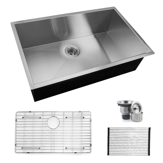 30 Inches Kitchen Sink 304 Stainless Steel Sink Single Bowl Kitchen Sink 16 Gauge Stainless Steel Including Strainer, Bottom Grid, Roll-Up Drying Rack