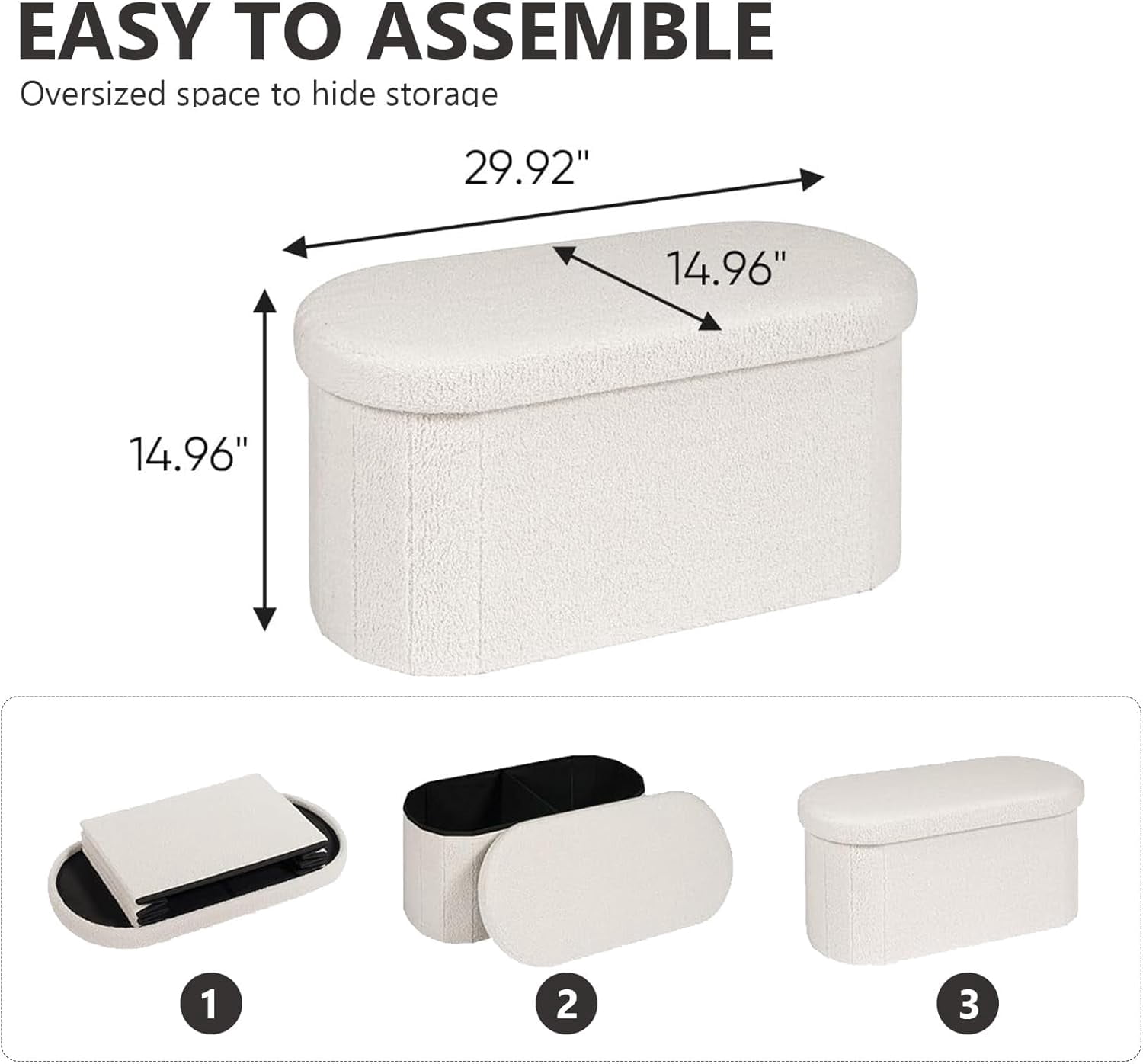 30 Inches Ottoman with Storage, Bedroom  Foot  for Living Room, White Oval Folding Stool