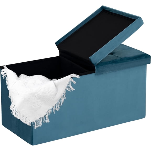 Teal 30 inch Storage Ottoman Bench with Flip Lid, Velvet Foldable Footrest Holds 330lbs for Living Room
