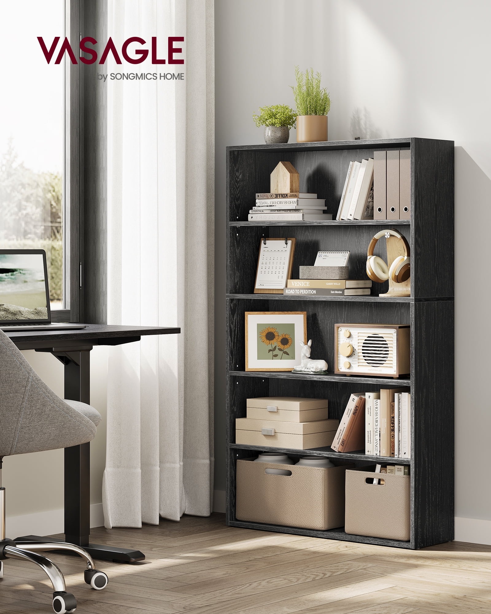 30 Inches Wide 5-Tier Open Bookshelf, Adjustable Storage Shelves, Floor Standing Bookcase, Ebony Black