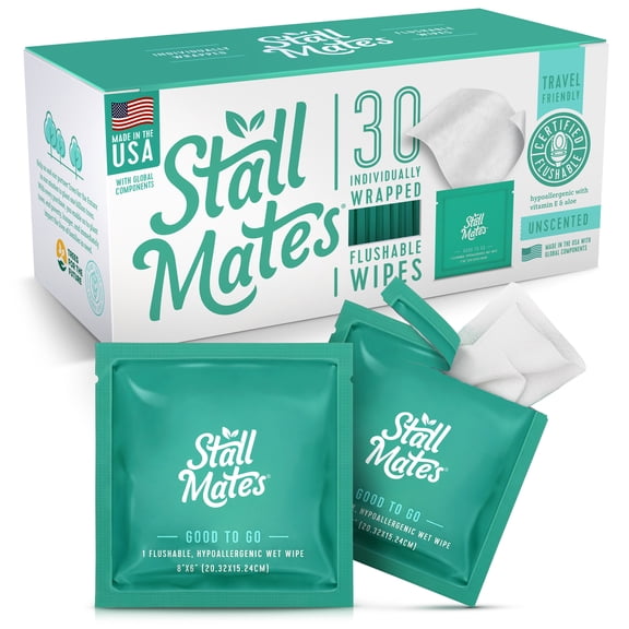 Stall Mates Wipes - Flushable Wipes, Individually Wrapped, Travel Friendly, Unscented with Vitamin-E & Aloe, 30 on-the-go singles