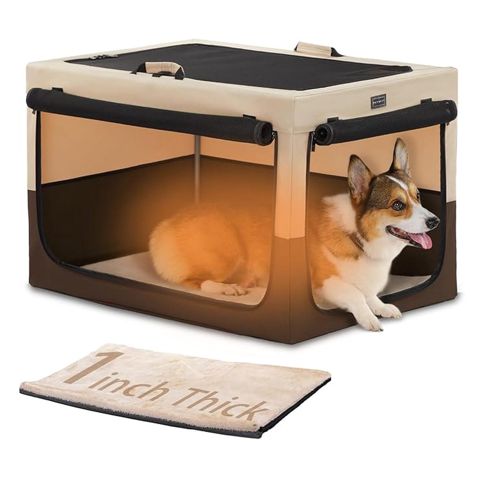 30" Indoor Soft Dog Crate – Adjustable Patented Spiral Steel Frame, Collapsible Portable Kennel for Home Use, Medium Dogs, 3 Lockable Mesh Door, Thicken Mat, Brown