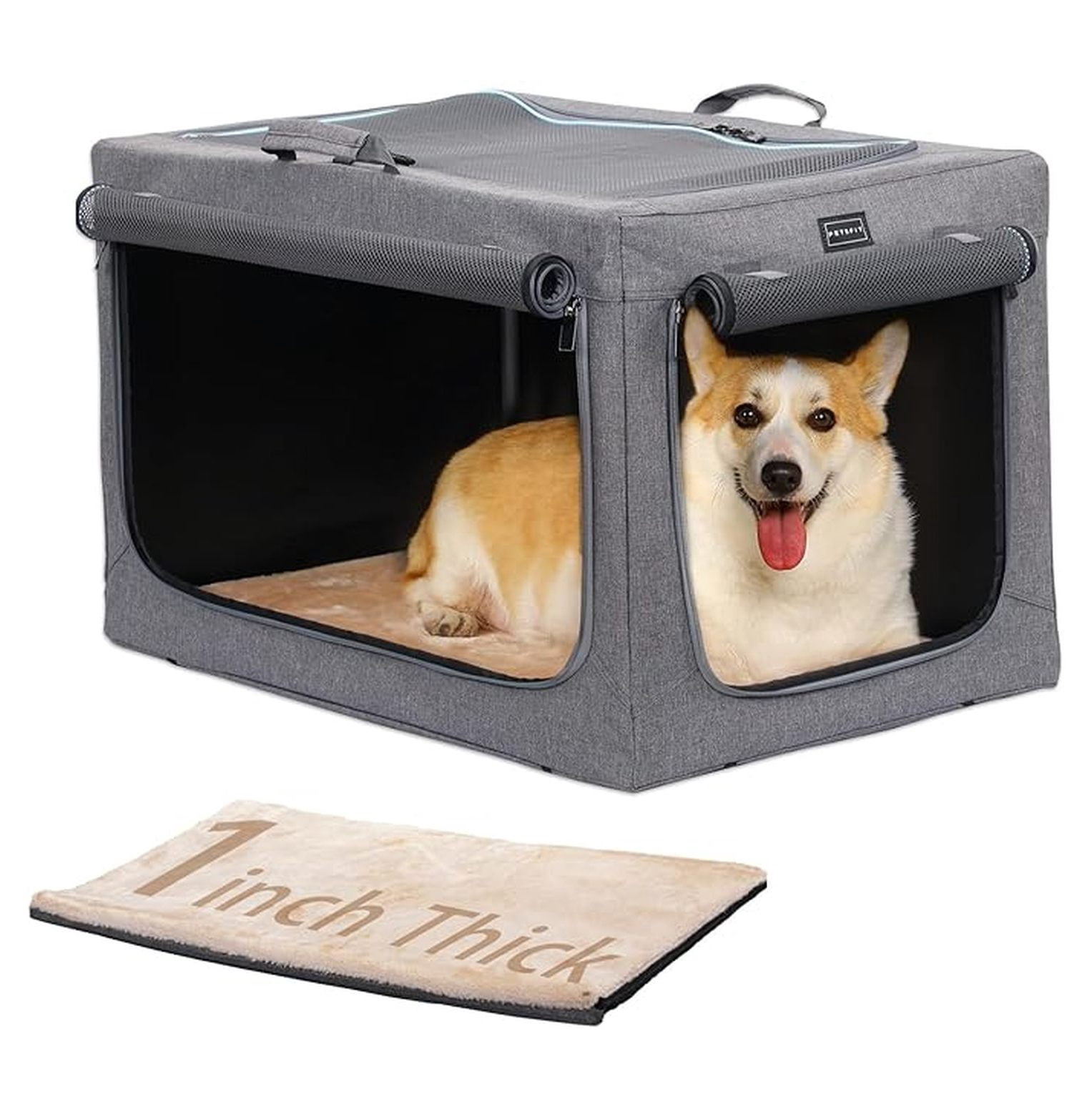 30" Indoor Soft Dog Crate – Patented Adjustable Sturdy Frame, Collapsible Portable Kennel for Home Use, Car & Travel, Medium Dogs, 3 Lockable Mesh Door, Thicken Mat, Grey