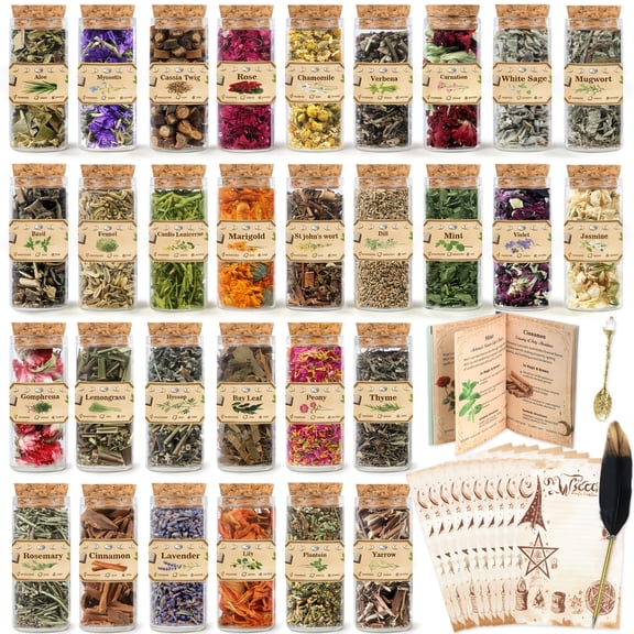 30-Jar Herbal Craft Kit with Accessories, Dried Herbs & Flowers for DIY Altar, Spells & Rituals, Beginner-Friendly Set