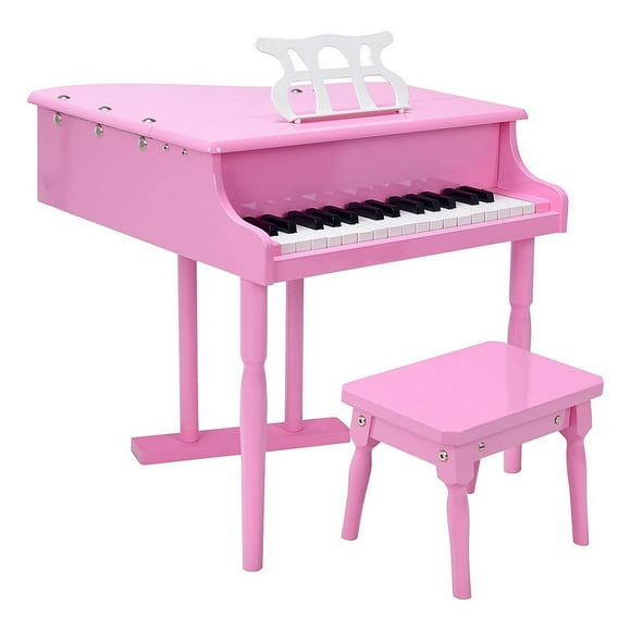 30-Key Classical Kids Piano, Mini Grand Piano Wooden Learn-to-Play Musical Instrument Toy with Music Rack, Bench and Piano Lid for Living Room, Classroom, School, Bedroom, Kid Room(Pink)