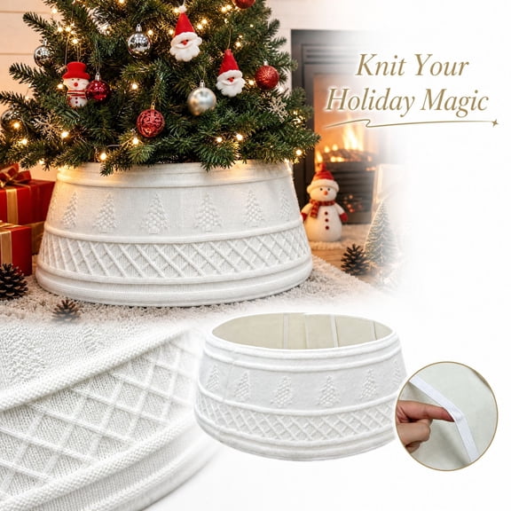 30" Knitted Christmas Tree Skirts Collars, White Textured Tree Ring Base Cover Christmas Decorations, Adjustable Holiday Decoration for Xmas Tree, Indoor Home Decor