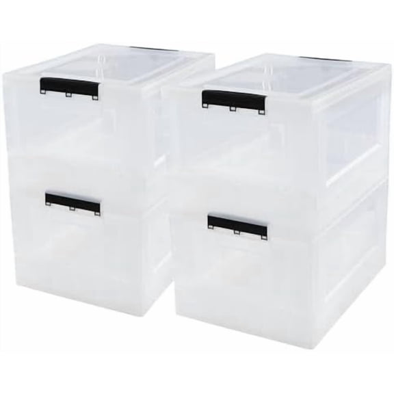 30 L Plastic Collapsible Storage Box, 4 Pack Clear Storage Tote | Clear Plastic Material, Foldable Design, Secure Side Latch Clasps, Fit Home, Closet & Office Daily Sorting