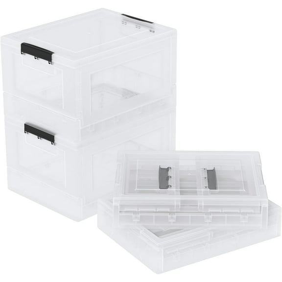 30 L Plastic Foldable Storage Box, 4-Pack Clear Storage Box with Lid, Collapsible Storage Bins