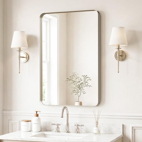 30"L x 20"W Framed Silver Bathroom Mirror, Rounded Rectangle, Tempered Glass, Wall Mounted