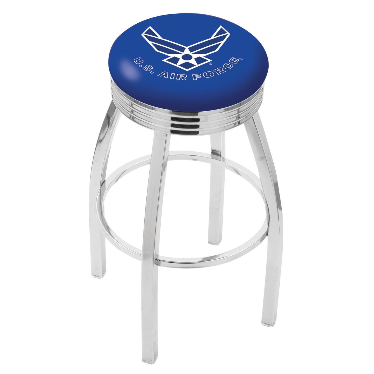 30" L8C3C - Chrome U.S. Air Force Swivel Bar Stool with 2.5" Ribbed Accent Ring by Holland Bar Stool Company - image 1 of 6