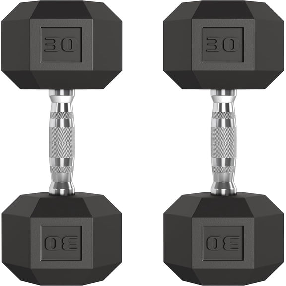 30 LB Hex Dumbbell Set of 2, Adjustable Rubber Encased Hand Weights with Cast Iron Core & Textured Grip, Strength Training Dumbbells for Home Gym, Men & Women