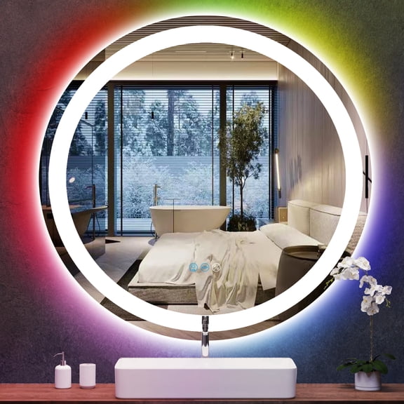 30" LED Bathroom Mirror with Lights, RGB Lighted Vanity Mirrors for Bathroom Wall, Backlit and Front Light, Dimmable Touch Screen Mirror