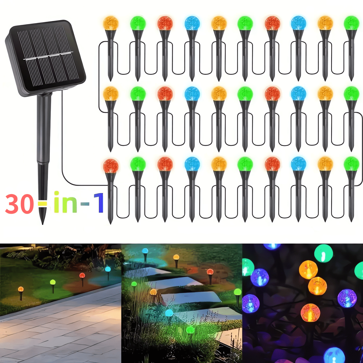 30 LED Colored Solar Lights,8 Modes Solar Ground Lights,Dusk to Dawn Waterproof Solar Path Light,Pathway Lights for Pathway Patio Lawn Deck,Colored Plastic