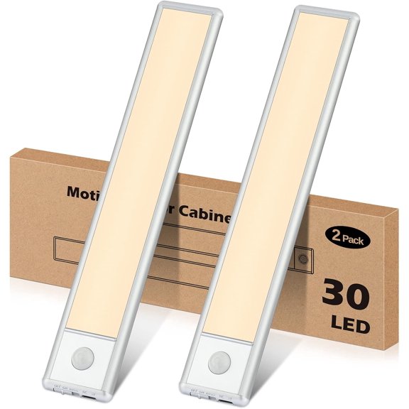 30-LED Motion Sensor Under Cabinet Lights, Magnetic Rechargeable Under Counter Closet Light, Wireless Night Light Bar Stick-On, 2-Pack, Cool White