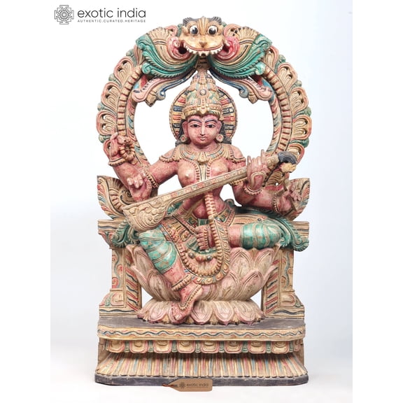 30" Large Devi Maa Saraswati Seated on Kirtimukha Throne | Wood Carved Statue