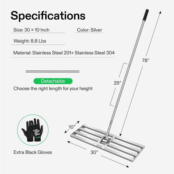 30" Lawn Leveling Rake, 30" x 10" x 78" Heavy-Duty Stainless Steel Lawn Leveler with 7FT Adjuatble Long Handle for High Effect, Metal Levelawn for Smooth Soil, Rustproof Rakes for Garden Yard