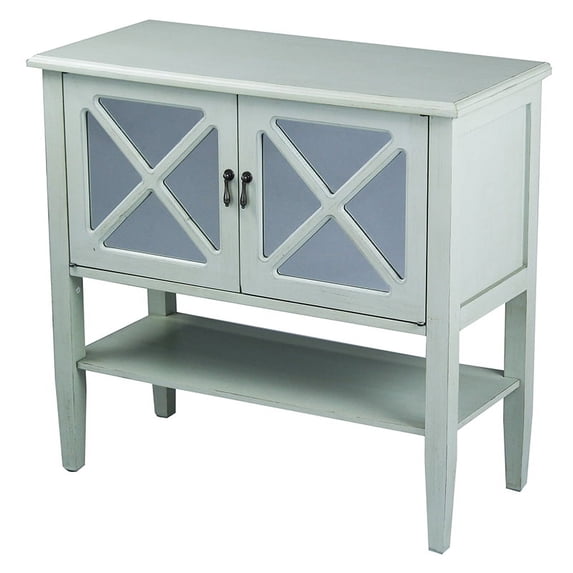 HomeRoots 291875 Cottage 2-Door Console Cabinet with Lattice Mirror Inserts & Shelf
