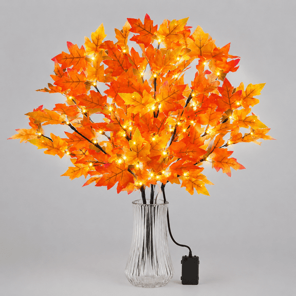 30 Lighted Maple Leaves Branches Stems with Timer Battery Operated 60 LEDs Fall Artificial Maple Branches with Lights for Vases Autumn Home Thanksgiving Halloween Christmas Decoration