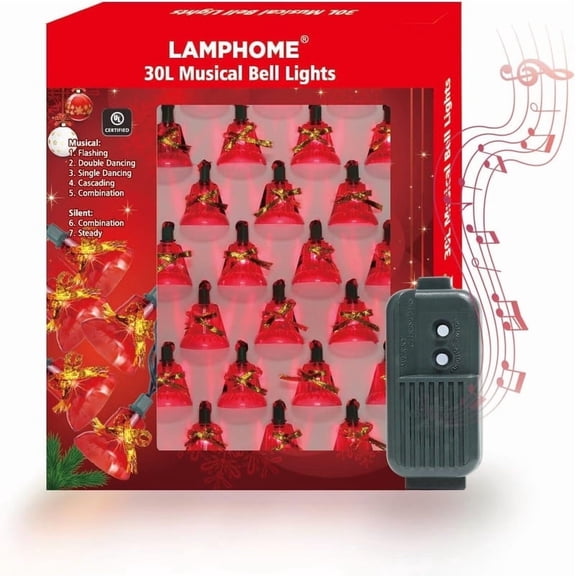 30 Lights Christmas Musical Bell String Lights, 25 Classical Holiday Songs, 7 Functions Red Incandescent Bulb Green Wire Light with Red Bells for Indoor Xmas Tree Decorations