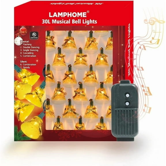 30 Lights Christmas Musical Bell String Lights, 25 Classical Holiday Songs, 7 Functions Yellow Incandescent Bulb Green Wire Light with Yellow Bells for Indoor Xmas Tree Decorations