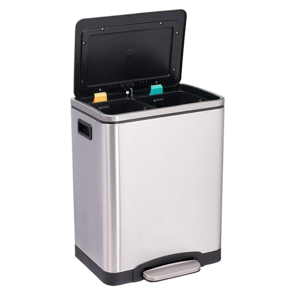 30 Liter/8 Gallon Dual Compartment Trash Can,Rectangle Stainless Steel Garbage Bin with Removable Inner Bucket,Step Waste Bin with Soft Close Lid,Kitchen Step Trash Can for Dining Room,Bathroom