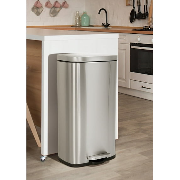 30 Liter / 8 Gallon Kitchen Trash Can, Stainless Steel with Lid, Foot Pedal and Inner Bucket, Fingerprint-Resistant Soft Close Lid Garbage Can, Odor Proof and Hygienic