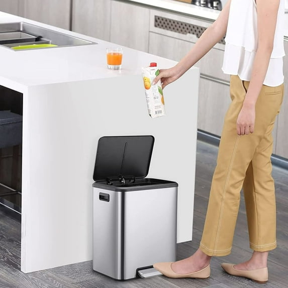 30 Liter / 8 Gallon Rectangular Dual-Compartment Recycling Trash Can, Hands-Free Kitchen Step Bin with Soft-Close Lid for Sorting Waste