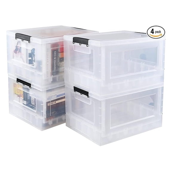 30 Liter Clear Plastic Storage Crates with Lids, Collapsible StorageBins, 4 Pack