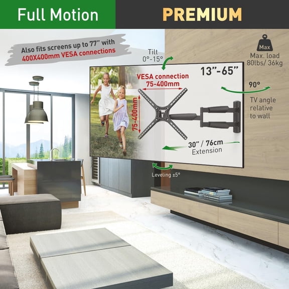 30'' Long TV Wall Mount, 13-65 inch Full Motion Articulating - 4 Movement Flat/Curved Screen Bracket, Holds up to 80lbs, Extremely Extendable, Fits LED OLED LCD