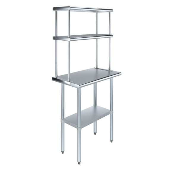 30" Long x 18" Deep" Stainless Steel Work Table With 12" Wide Double Tier Overshelf | Metal Kitchen Prep Table & Shelving Combo