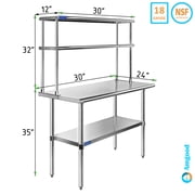 30" Long x 24" Deep" Stainless Steel Work Table With 12" Wide Double Tier Overshelf | Metal Kitchen Prep Table & Shelving Combo