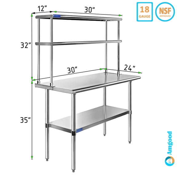 30" Long x 24" Deep" Stainless Steel Work Table With 12" Wide Double Tier Overshelf | Metal Kitchen Prep Table & Shelving Combo